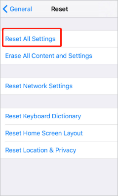 reset all settings to fix icloud backup keeps failing